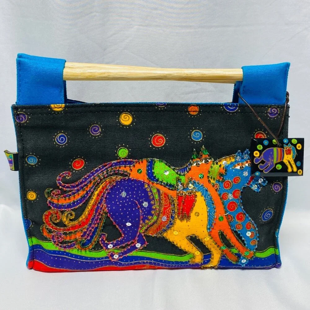 Laurel Burch Small Canvas Art Tote Bag With Blue Wooden Handles Horse Print